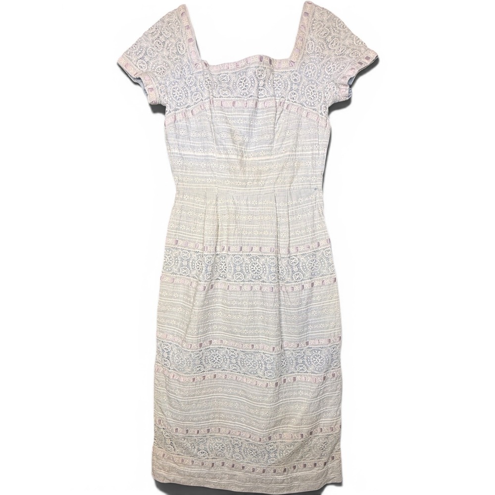 1950s Carlye Blue Eyelet Lace Ribbon Tea Dress Square Neck Mid Century